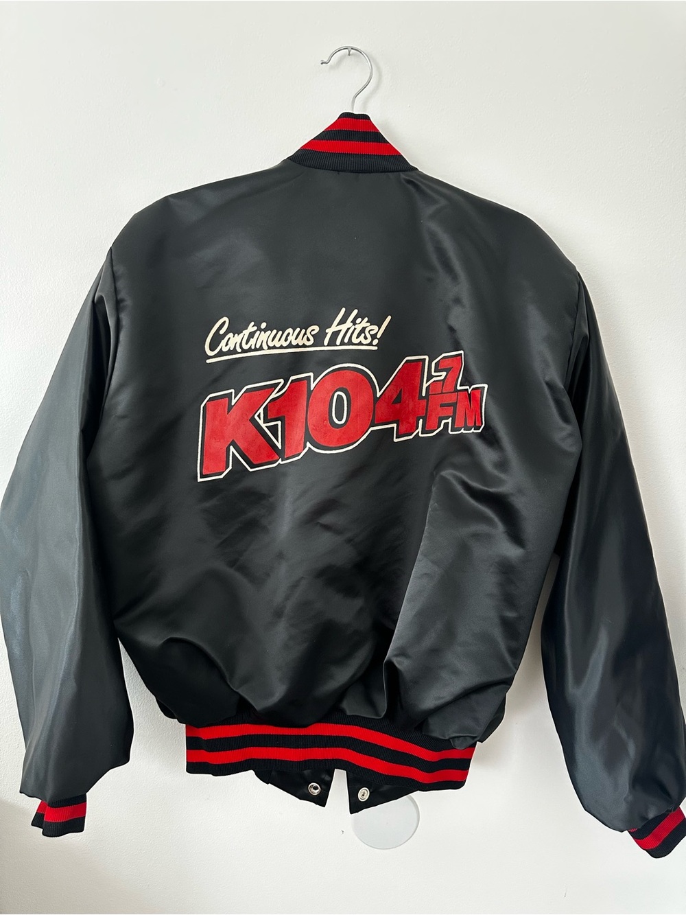 Vintage K104 FM Black Satin Bomber Jacket with Red Logo